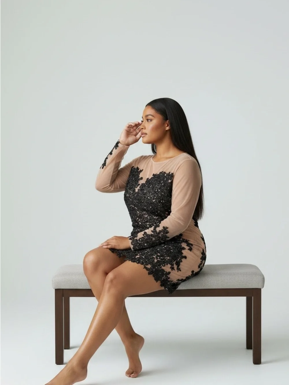 Sheer Nude Long-Sleeve Dress with Black Lace Appliqué
